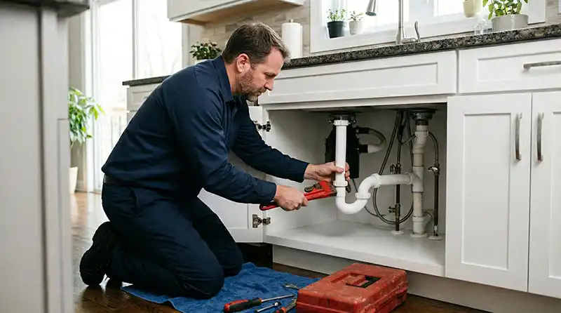 plumber working under sink